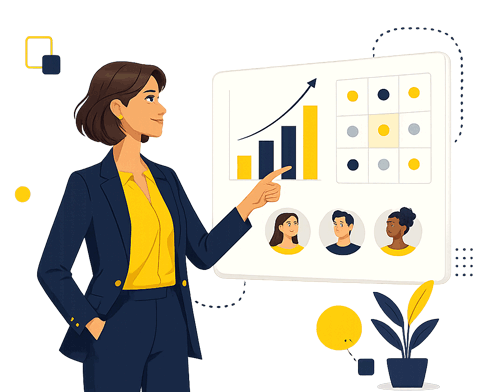 Skill 360º — evolução profissional do time Ilustração de uma equipe colaborando com gráfico de crescimento, simbolizando evolução profissional