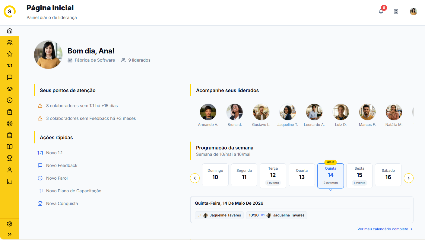 Dashboard da Skill 360º Preview do dashboard da Skill 360º com visão da página inicial para líderes